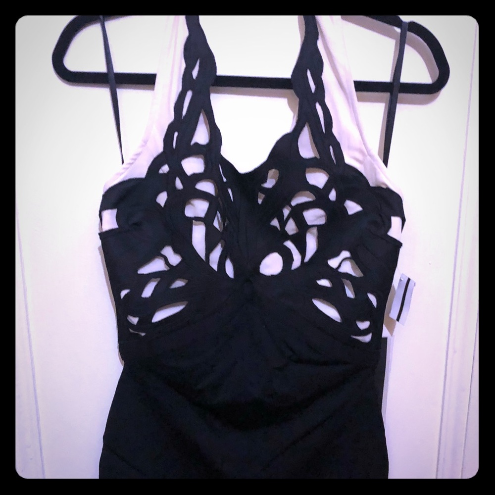 NWT black and nude halter bodycon cocktail dress L